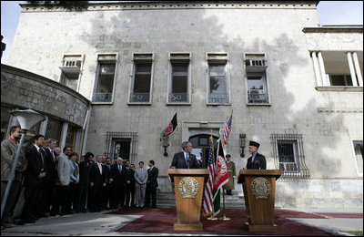 President George W. Bush and President Hamid Karzai of Afghanistan hold a press availability Wednesday, March 1, 2006, in Kabul during a stop en route to India. President Bush told President Karzai that he hoped "the people of Afghanistan understand that as democracy takes hold, you're inspiring others. And that inspiration will cause others to demand their freedom."