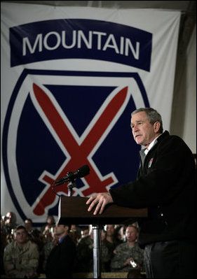 President George W. Bush addresses U.S. and Coalition troops Wednesday, March 1, 2006, during a stopover at Bagram Air Base in Afghanistan, prior to his visit to India and Pakistan.