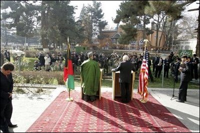 Vice President Dick Cheney and Afghanistan President Hamid Karzai answer questions during a press availability at the Presidential Palace in Kabul, Afghanistan, Dec. 7, 2004.