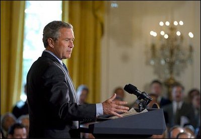 President George W. Bush discusses his Global HIV/AIDS Initiative in the East Room Tuesday, April 29, 2003. "Today, on the continent of Africa alone nearly 30 million people are living with HIV/AIDS, including 3 million people under the age of 15 years old. In Botswana, nearly 40 percent of the adult population -- 40 percent -- has HIV, and projected life expectancy has fallen more than 30 years due to AIDS," said the President.