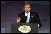 President George W. Bush speaks about Iraq and the war on terror at The Banqueting House in London Wednesday, Nov. 19, 2003. 'We did not charge hundreds of miles into the heart of Iraq and pay a bitter cost of casualties, and liberate 25 million people, only to retreat before a band of thugs and assassins,' said the President. 'We will help the Iraqi people establish a peaceful and democratic country in the heart of the Middle East. And by doing so, we will defend our people from danger.' White House photo by Paul Morse