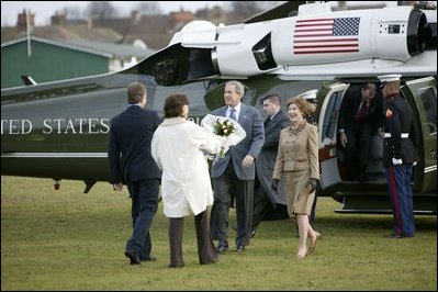 President George W. Bush and Mrs. Laura Bush arrive at Prime Minister Tony Blair and Mrs. Blair's home, Myrobella House, Trimdon Station. White House photo by Eric Draper