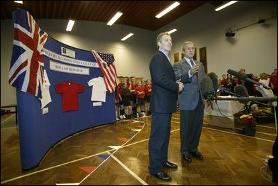 President George W. Bush and Mrs. Laura Bush participate in a visit with Prime Minister Tony Blair and Mrs. Blair at Sedgefield Community College. White House photo by Eric Draper