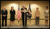 Accompanied by Laura Bush and Secretary of State Condoleezza Rice, President George W. Bush address U.S. Embassy families and staff in Latvia Saturday, May 7, 2005.  Pictured at left are U.S. Ambassador to Latvia, Catherin T. Bailey, and her husband, Irving Bailey II.