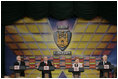 President George W. Bush Baltic leaders hold a joint press conference Saturday, May 7, 2005, in Riga, Latvia.  Pictured with President Bush are, from left, President Valdas Adamkus of Lithuania, President Vaira Vike-Freiberga of Latvia and President Arnold Ruutel of Estonia.