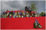 President George W. Bush addresses attendees Sunday, May 8, 2005, at Netherlands American Cemetery in Margraten, during a celebration in remembrance of those who served in World War II.