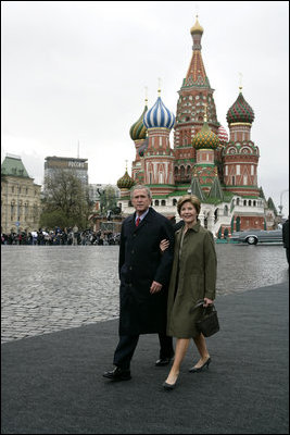 President George W. Bush and Laura Bush enter Moscow's Red Square before the start of a military parade honoring the 60th anniversary of the end of World War II Monday, May 9, 2005.