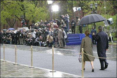 President George W. Bush and Laura Bush arrive for ceremonies at Moscow's Red Square to commemorate the 60th Anniversary of the end of World War II Monday, May 9, 2005.