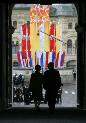 President George W. Bush and Laura Bush arrive at the Kremlin to take part in ceremonies commemorating the 60th anniversary of the end of World War II in Moscow's Red Square Monday, May 9, 2005.