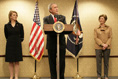 Accompanied by Laura Bush and Secretary of State Condoleezza Rice, President George W. Bush address U.S. Embassy families and staff in Latvia Saturday, May 7, 2005.  Pictured at left are U.S. Ambassador to Latvia, Catherin T. Bailey, and her husband, Irving Bailey II.