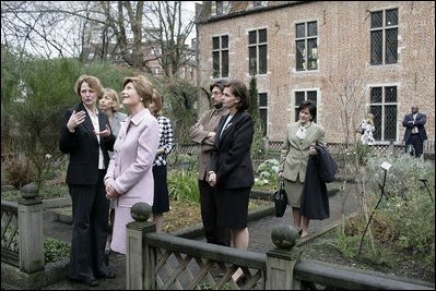 Monday, Feb. 21, 2005, Laura Bush tours the Erasmus Museum located in the Brussels’ home of the late Desiderius Erasmus, author of “Moriae Encomium.”