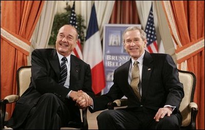 President George W. Bush meets with French President Jacques Chirac in Brussels, Belgium, Monday, Feb. 21, 2005.