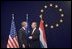 President George W. Bush meets with European Union President Jean-Claude Juncker while at the NATO Summit in Brussels Tuesday, Feb. 22, 2005.