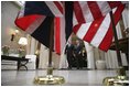 President George W. Bush and Prime Minister Tony Blair of the United Kingdom walk together after addressing the press at the Ambassador's Residence in Brussels, Belgium, Tuesday Feb. 22, 2005. 