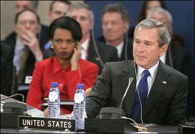 Secretary of State Condoleezza Rice and President George W. Bush attend the NATO summit in Brussels, Belgium, Tuesday Feb. 22, 2005. 