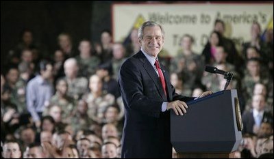 President Bush smiles broadly while addressing troops Wednesday, Feb. 24, 2005, at Wiesbaden Army Air Field in Wiesbaden, Germany.