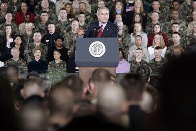 President George W. Bush delivers remarks to U.S. Troops at Wiesbaden Army Air Field in Wiesbaden, Germany, Wednesday, Feb. 23, 2005.