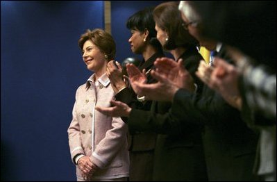 Laura Bush is applauded during a Feb. 21, 2005 event at the Sheraton Brussels Hotel and Towers. 