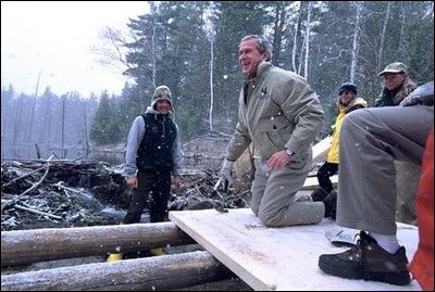 President George W. Bush takes a working tour of The Adirondack Park near Wilmington, NY, Monday, April 22. "We had a great time in the Park, and I want to thank you all very much for giving me the opportunity to hammer and stack, place gravel -- (laughter) -- in a beautiful part of the world. This is quite a sight for a fellow from Texas," said the President in his remarks about Earth Day at Whiteface Mountain Lodge. "We have a duty in our country to make sure our land is preserved, our air is clean, our water is pure, our parks are accessible and open and well- preserved."