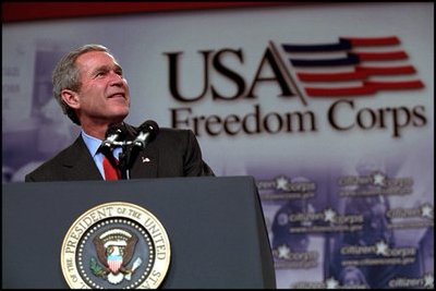 During his 2002 State of the Union address, President George W. Bush called upon every American to get involved in strengthening America's communities and sharing America's compassion around the world. He called on each of us to commit at least two years of our lives—the equivalent of 4,000 hours—to the service of others. He included all Americans because everyone can do something, and he created the USA Freedom Corps to help all Americans to answer his call.