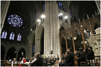 President George W. Bush speaks during the National Day of Prayer and Remembrance Service at the Washington National Cathedral in Washington, D.C., Friday, Sept. 16, 2005. "On this Day of Prayer and Remembrance, our nation remains in the shadow of a storm that departed two weeks ago. We're humbled by the vast and indifferent might of nature, and feel small beside its power," said the President in his remarks. "We commend the departed to God. We mourn with those who mourn, and we ask for strength in the work ahead." 