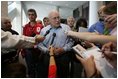 Vice President Dick Cheney meets with the press during a visit to the Austin Convention Center in Austin, Texas Saturday, September 10, 2005. The Vice President spent time visiting with families who have been relocated from their homes to the Convention Center, which has been designated as one of the many temporary shelters for Katrina Hurricane evacuees.