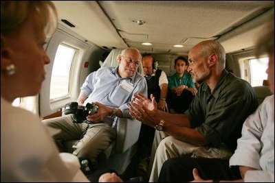 Vice President Dick Cheney tours the flood ravaged areas of Mississippi and Louisiana, Thursday, Sept. 8, 2005, to survey damage and view relief efforts in the wake of Hurricane Katrina. Vice President Cheney and Mrs. Cheney took an aerial tour of the Gulf coast aboard Marine Two with Homeland Security Secretary Michael Chertoff and U.S. Attorney General Alberto Gonzalez.