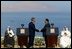 President George W. Bush and President Hosni Mubarak of Egypt after delivering statements on the progress of the Red Sea Summit in Sharm El Sheikh, Egypt June 3, 2003. On the far left sits Prince Abdullah Bin Abd Al Aziz of Saudi Arabia and on the far right sits King Hamad Bin Issa Al Khalifa of Bahrain. White House photo by Paul Morse