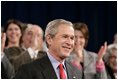 President George W. Bush receives a warm welcome from participants attending a Conversation on Social Security at North Dakota State University in Fargo, N.D., Thursday, Feb. 3, 2005.