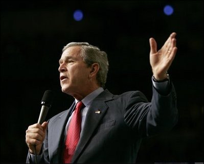 President George W. Bush leads a conversation on Social Security reform in Omaha, Neb., Friday, Feb. 4, 2005. President Bush discussed the role of personal accounts as part of a comprehensive Social Security plan and the need to leave a better future for our grandchildren.