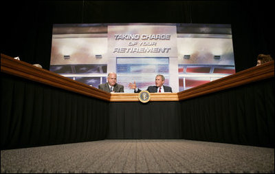 President George W. Bush opens the discussion during a roundtable meeting on Strengthening Social Security at the University of Texas Medical Branch in Galveston, Texas, Tuesday, April 26, 2005. "In 1950, 16 workers were paying for every beneficiary," said President Bush. "Today, there's 3.3 workers for every beneficiary. Soon there's going to be two workers for every beneficiary." 