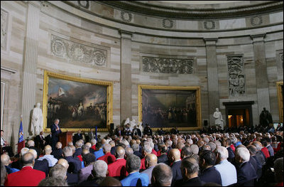 President George W. Bush speaks during the Congressional Gold Medal ceremony for the Tuskegee Airmen Thursday, March 29, 2007, at the U.S. Capitol. Said the President, “The Tuskegee Airmen helped win a war, and you helped change our nation for the better. Yours is the story of the human spirit, and it ends like all great stories do – with wisdom and lessons and hope for tomorrow.” White House photo by Joyce Boghosian