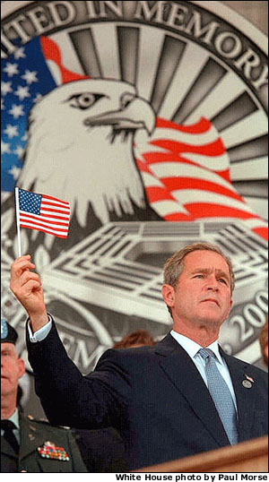 In speaking to an audience of thousands at the Department of Defense Service of Remembrance, President George Bush pays tribute to those who lost their lives at the Pentagon on September 11th.