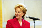 Lynne Cheney reacts as historical actors playing the roles of the founding fathers enter the stage during a Constitution Day celebration hosted by Mrs. Cheney at the National Constitution Center in Philadelphia Wednesday, Sept. 17, 2003.