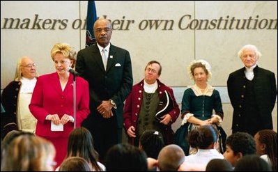 Lynne Cheney and Secretary of Education Rod Paige welcome more than 200 Philadelphia area school children to the National Constitution Center in Philadelphia Wednesday, Sept. 17, 2003. The event celebrates the signing of the United States Constitution, which took place 216 years ago on Sept. 17, 1787. 