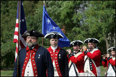 A fief and drum corps band plays during a Constitution Day 2005 celebration at George Washington's Mount Vernon Estate Friday, September 16, 2005. Lynne Cheney hosted a group of fourth graders from local Fairfax County public schools during the event which celebrates the anniversary of the signing of the U.S. Constitution 218 years ago.