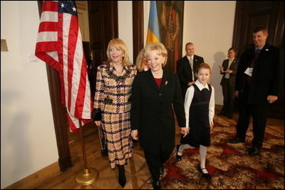 Lynne Cheney walks with Mrs. Viktor Yushchenko during a meeting in Krakow, Poland, Jan. 26, 2005. White House photo by David Bohrer 