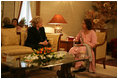 Mrs. Lynne Cheney meets with Mrs. Schbe Musharraf, wife of Pakistani President Pervez Musharraf, in Islamabad, Pakistan December 20, 2005. The Vice President and Mrs. Cheney visited Pakistan to discuss US relief efforts and survey the damage following the 7.6 magnitude earthquake of October 8, 2005. The quake occurred in one of the most mountainous and inaccessible regions of Pakistan, took more than 73,000 lives and left 2.8 million people homeless. As of December 2005 the US had responded to the disaster by providing winterized shelter for over 31,000 families and pledging a total of $510 million in relief and reconstruction efforts.