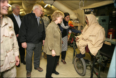 Vice President Cheney and Mrs. Lynne Cheney visit the 212th M.A.S.H.(Mobile Army Surgical Hospital) Unit run by the U.S. military in a mountainous area near the earthquake's epicenter, 65 miles northwest of Islamabad, Pakistan, Tuesday Dec. 20, 2005. During the visit the Vice President said he was "impressed with what we've been able to do with our M.A.S.H. units. U.S. forces were able to move quickly into the area. We were here within 48 hours and we've been here ever since."