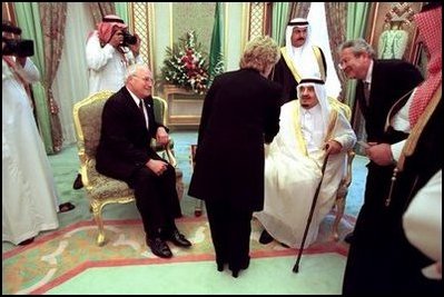 Vice President Dick Cheney and Lynne Cheney greet King Fahd of Saudi Arabia in Jeddah, Saudi Arabia, March 16. 