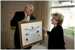 Mrs. Lynne Cheney is presented the National Society of the Sons of the American Revolution (NSSAR) Distinguished Patriot Award by Timothy R. Bennett, NSSAR Registrar General, Wednesday, July 30, 2008, at the Vice President's Residence at the Naval Observatory in Washington, D.C.