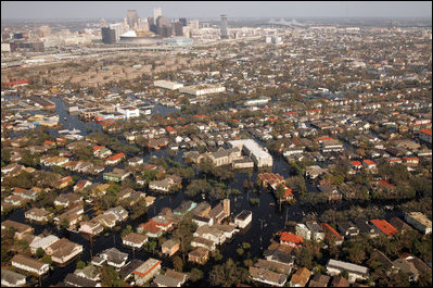 An aerial view shows the flood-ravaged areas of New Orleans, Louisiana Thursday, September 8, 2005. The damage was created by Hurricane Katrina, which hit both Louisiana and Mississippi on August 29th.