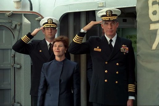 Laura Bush is welcomed aboard the USS Shiloh anchored in San Diego, Calif., for a Troops to Teachers event March 23, 2001. White House photo by Paul Morse.