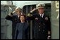 Laura Bush is welcomed aboard the USS Shiloh anchored in San Diego, Calif., for a Troops to Teachers event March 23, 2001. White House photo by Paul Morse.