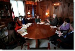 Laura Bush meets with Librarian of Congress Dr. James Billington at the Jefferson Building Ceremonial Offices at the Library of Congress in Washington, D.C. April 3, 2001.  White House photo by Eric Draper