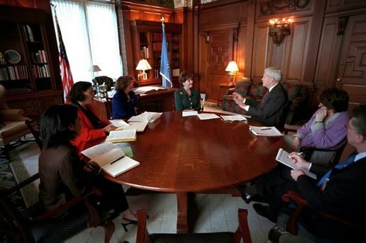 Laura Bush meets with Librarian of Congress Dr. James Billington at the Jefferson Building Ceremonial Offices at the Library of Congress in Washington, D.C. April 3, 2001. White House photo by Eric Draper.