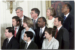 Federal judicial nominees listen to President George W. Bush as he announces their nominations. WHITE HOUSE PHOTO BY BRIAN LEHNHARDT