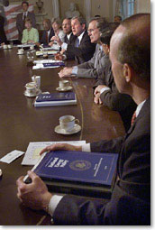 President George W. Bush answers a question from the reporter at the end of a Cabinet Meeting to discuss his energy plan, Wednesday May 16. WHITE HOUSE PHOTO BY ERIC DRAPER