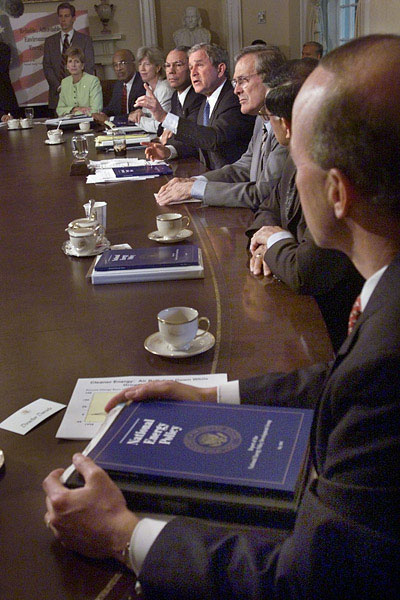 President George W. Bush answers a question from the reporter at the end of a Cabinet Meeting to discuss his energy plan, Wednesday May 16. WHITE HOUSE PHOTO BY ERIC DRAPER