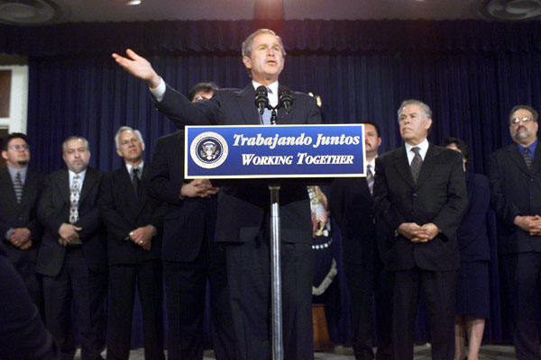 President George W. Bush addresses the National Leadership of the Hispanic Faith Community meeting Tuesday, May 22 at the White House. WHITE HOUSE PHOTO BY ERIC DRAPER